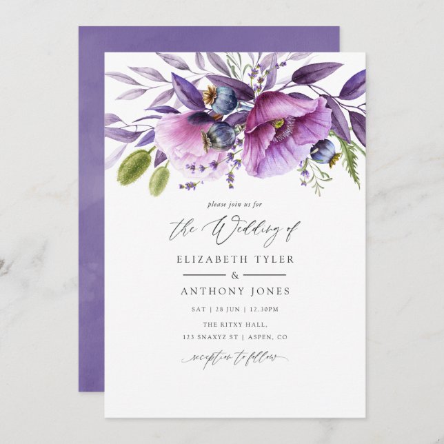 Violet Poppy Floral Wedding Invitation (Front/Back)