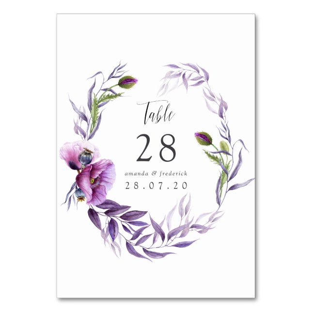 Violet Poppy Floral Wedding Table Number (Front)