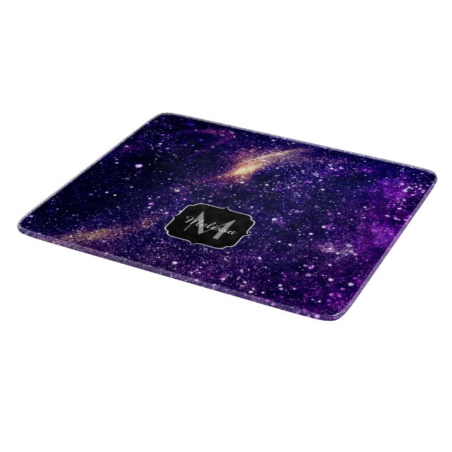 Violet purple abstract galaxy Custom Monogram Cutting Board (Corner)