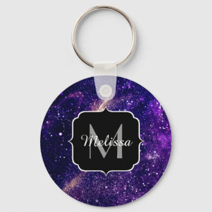 Violet purple abstract galaxy Custom Monogram Keychain