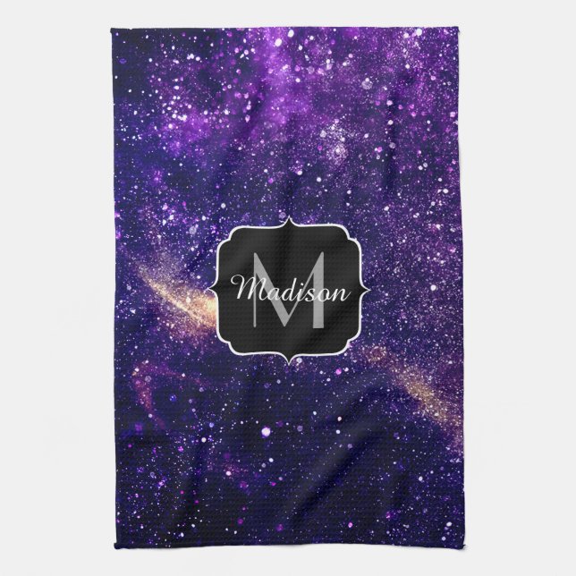 Violet purple abstract galaxy Custom Monogram Kitchen Towel (Vertical)