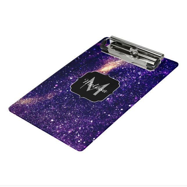 Violet purple abstract galaxy Custom Monogram Mini Clipboard (Angled3)