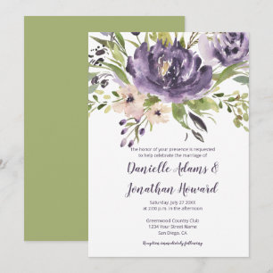 Violet Purple and Green Watercolor Floral Wedding Invitation