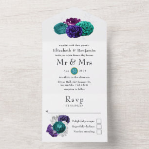 Violet, Purple and Turquoise Floral Wedding All In One Invitation