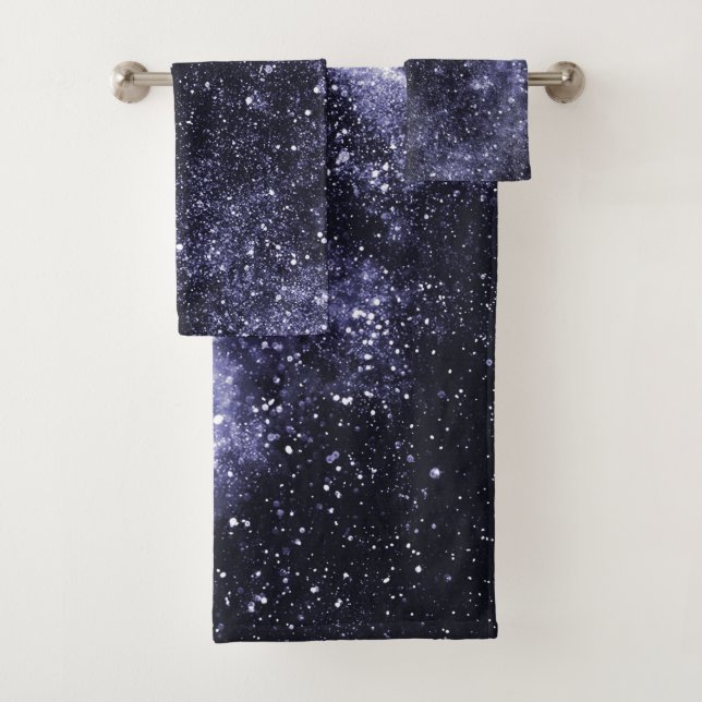 Violet purple black abstract galaxy bath towel set (Insitu)