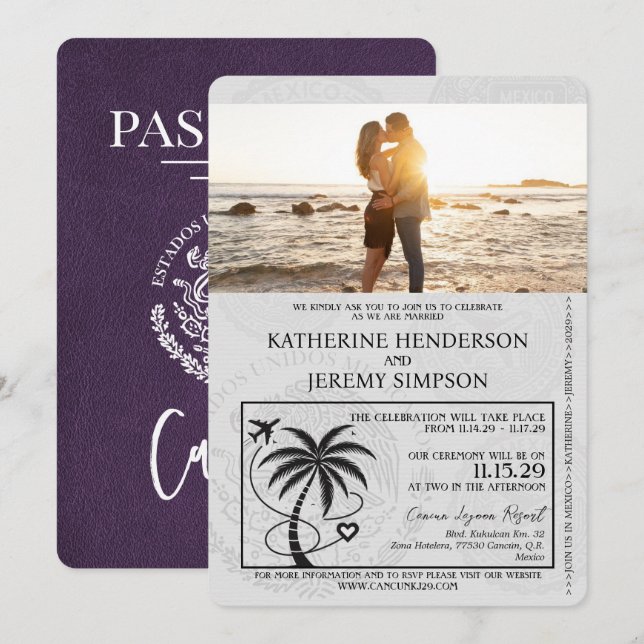 Violet Purple Cancun Passport Wedding Invitation (Front/Back)