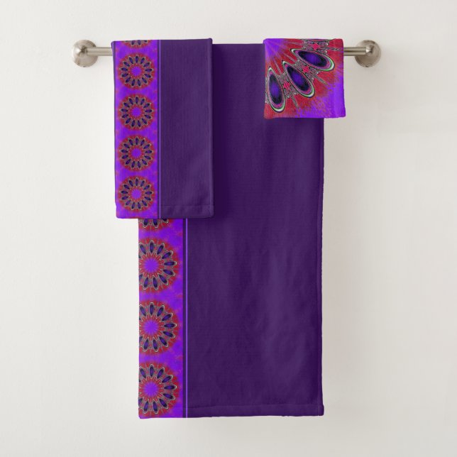 Violet, Purple & Cherry Red Modern Mandala Bath Towel Set (Insitu)