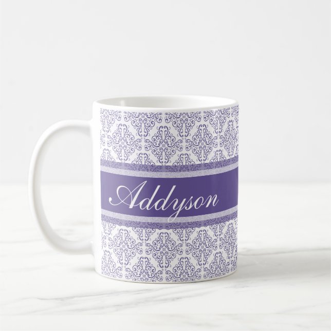 Violet Purple Damask Pattern Custom Name Coffee Mug (Left)