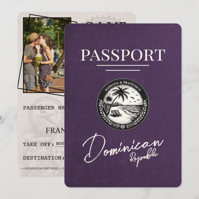 Violet Purple Dominican Republic Passport Save The Date (Front/Back)
