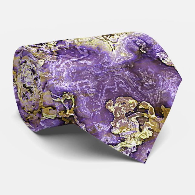 Violet Purple Faux Gold Minerals Agate Pattern Tie (Rolled)