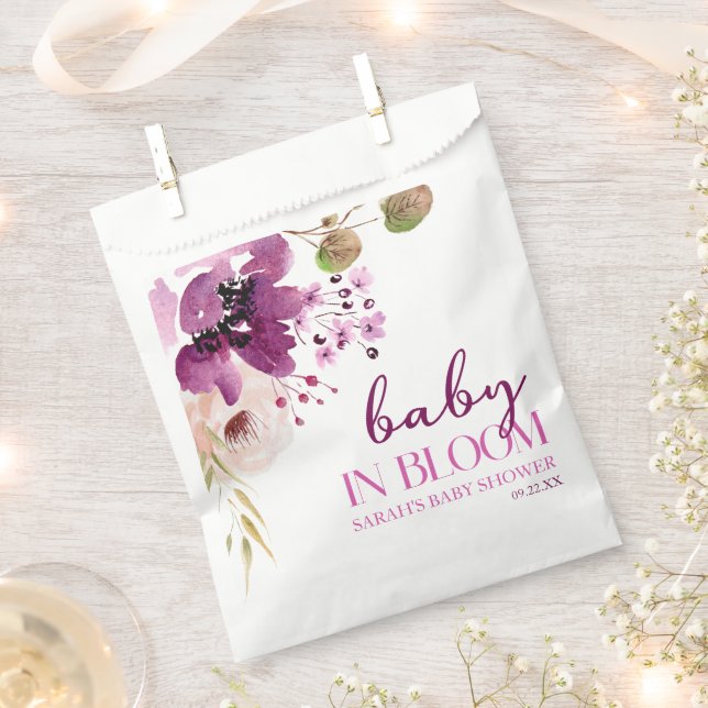 Violet Purple Floral Baby In Bloom Baby Shower Favour Bag (Clipped)