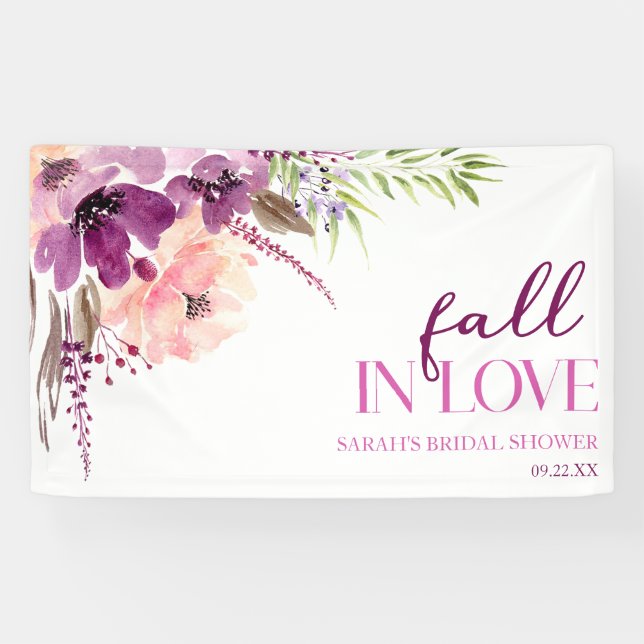 Violet Purple Floral Fall In Love Bridal Shower Banner (Horizontal)