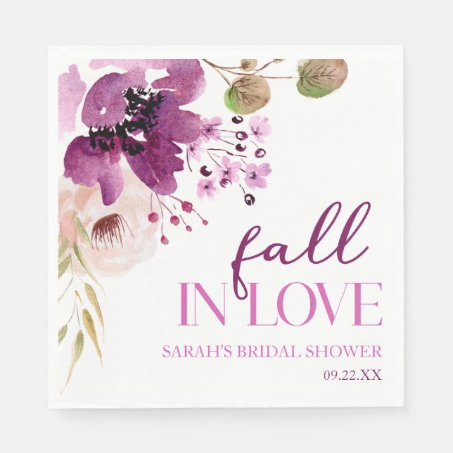 Violet Purple Floral Fall In Love Bridal Shower Napkin (Front)