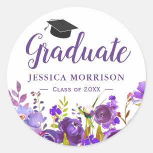Violet Purple Floral Graduate Graduation Favour Classic Round Sticker