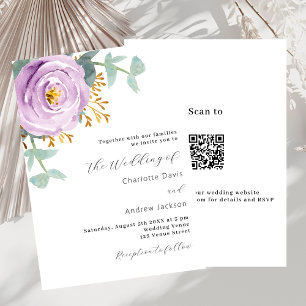 Violet purple floral greenery QR code RSVP wedding Invitation