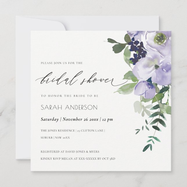 Violet Purple Floral Leafy Bridal Shower Invite (Front)