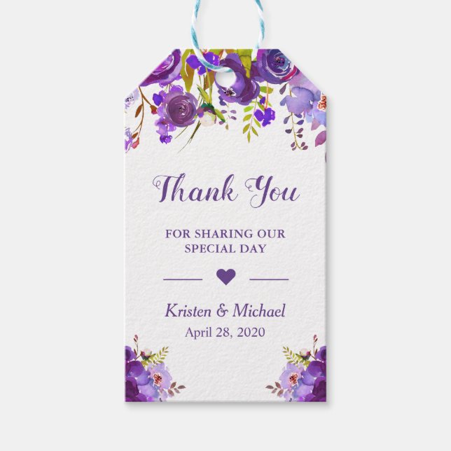 Violet Purple Floral Wedding Favour Thank You Gift Tags (Front)