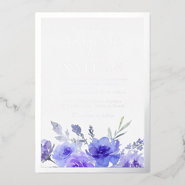 Violet Purple Floral Wedding Silver Foil Border (Front)