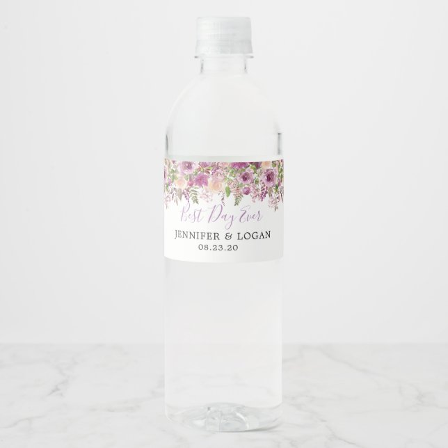 Violet Purple Floral Wedding Water Bottle Label (Front)