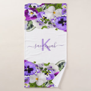 Violet purple florals white monogram name script bath towel