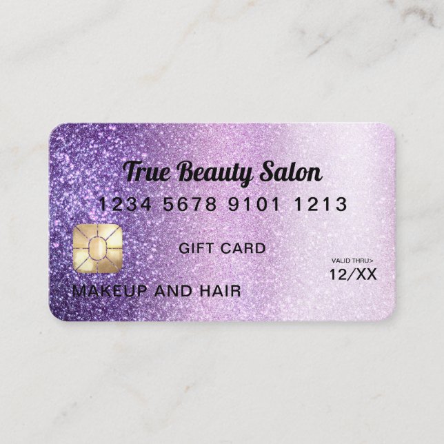 Violet Purple Glitter Credit Card Gift Certificate (Front)