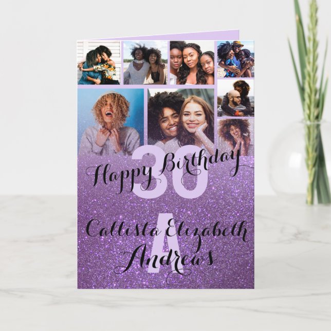 Violet Purple Glitter Photo Collage Happy Birthday Card (Front)