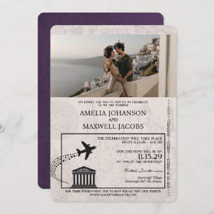 Violet Purple Greece Passport Wedding Invitation