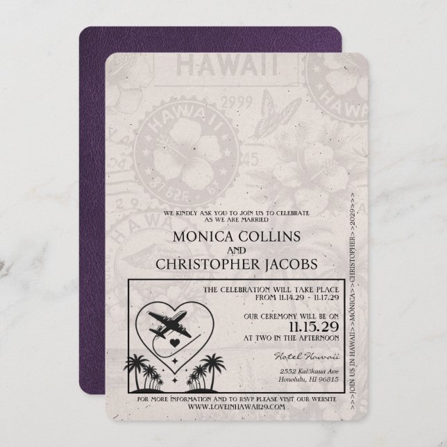 Violet Purple Hawaii Passport Wedding Invitation (Front/Back)