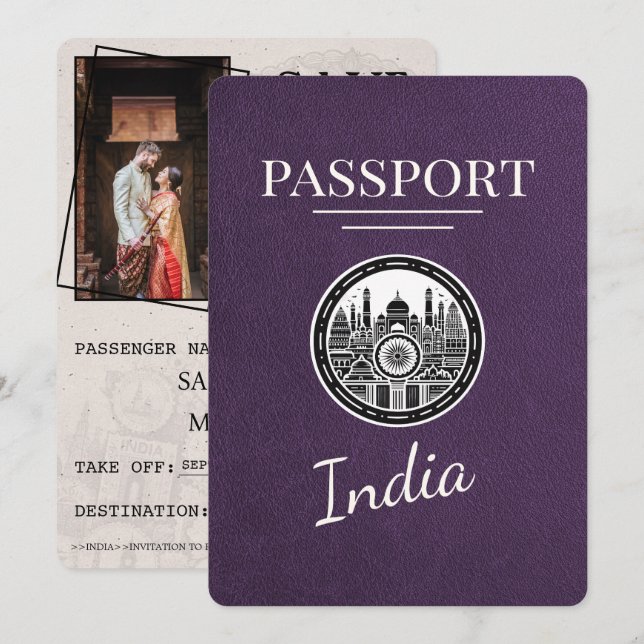 Violet Purple India Passport Save The Date (Front/Back)