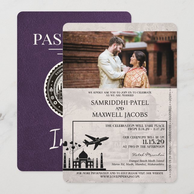 Violet Purple India Passport Wedding Invitation (Front/Back)