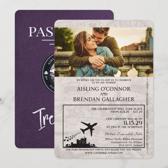 Violet Purple Ireland Passport Wedding Invitation (Front/Back)