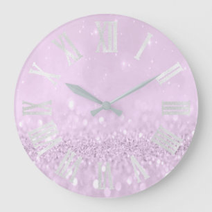 Violet Purple Lavender Glitter Grey Roman Numbers Large Clock