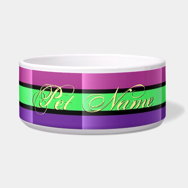 Violet Purple Lime stripes custom dog bowl (Front)