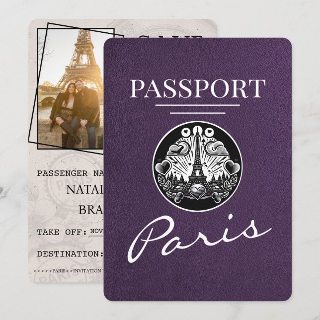 Violet Purple Paris Passport Save The Date (Front/Back)