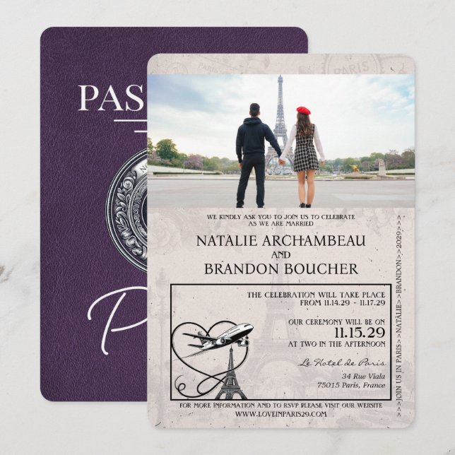 Violet Purple Paris Passport Wedding Invitation (Front/Back)