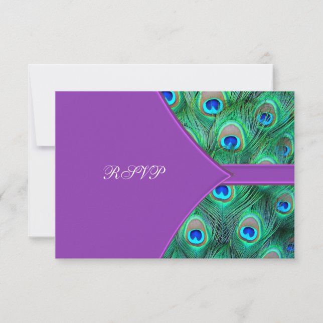 Violet Purple Peacock Wedding RSVP Card (Front)