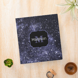 Violet purple peri black abstract galaxy Monogram Binder