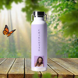 Violet purple photo name water bottle<br><div class="desc">A violet,  lavender coloured background.  Personalize and add your name and a profile photo. Purple letters.</div>