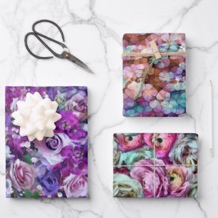 Violet Purple Pink Teal Rose Gold Flowers Wrapping Paper Sheet