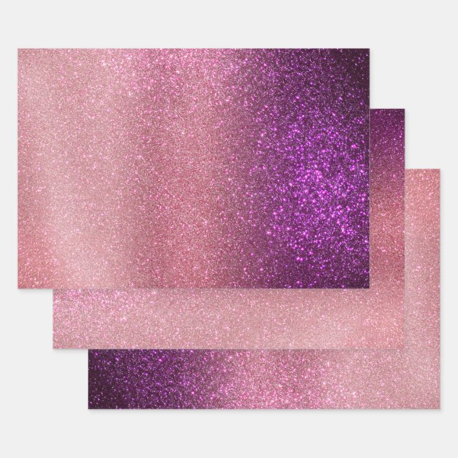Violet Purple Pink Triple Glitter Ombre Gradient Wrapping Paper Sheet (Set)