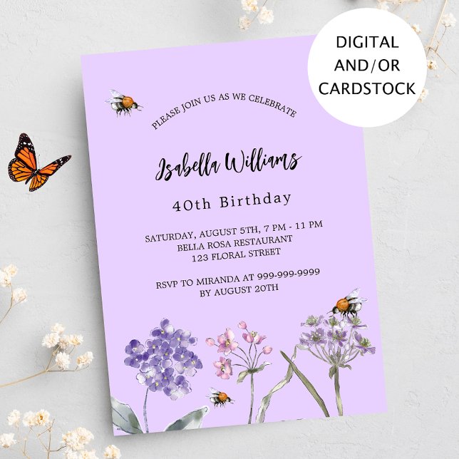 Violet purple pink wildflowers birthday invitation (Creator Uploaded)