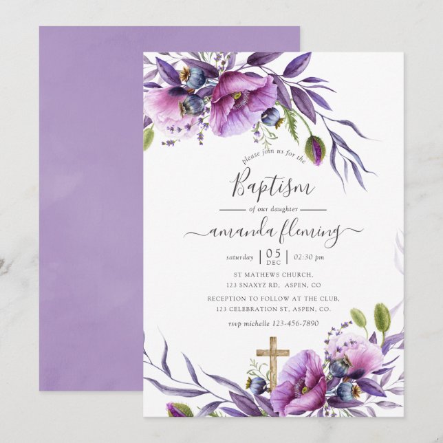 Violet Purple Poppy Floral Baptism Invitation (Front/Back)