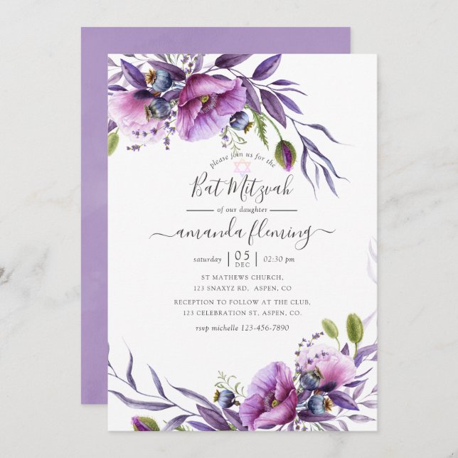 Violet Purple Poppy Floral Bat Mitzvah Invitation (Front/Back)