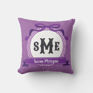 Violet Purple Reverse Greek Key Bow Monogram Throw Pillow