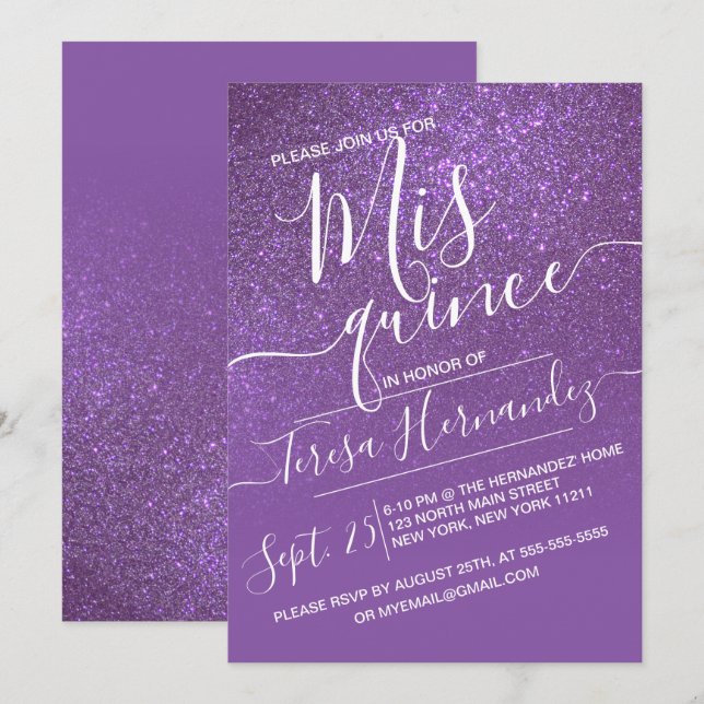 Violet Purple Sparkly Glitter Ombre Quinceañera Invitation (Front/Back)