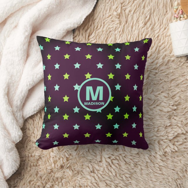 Violet Purple Starry Sky with Name and Monogram Throw Pillow (Blanket)