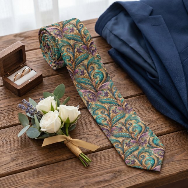 Violet Purple Teal Blue Green Gold Paisley Pattern Tie (Creator Uploaded)
