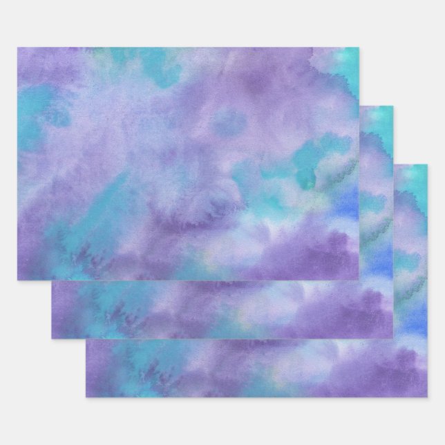 Violet Purple Teal Green Abstract Watercolor Wrapping Paper Sheet (Set)