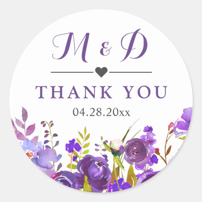 Violet Purple Wild Flowers Monogram Wedding Favour Classic Round Sticker (Front)