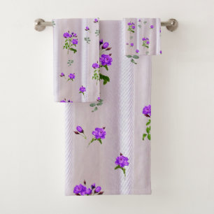 Violet Purplish-Watercolour Roses on Pink Silk  Bath Towel Set
